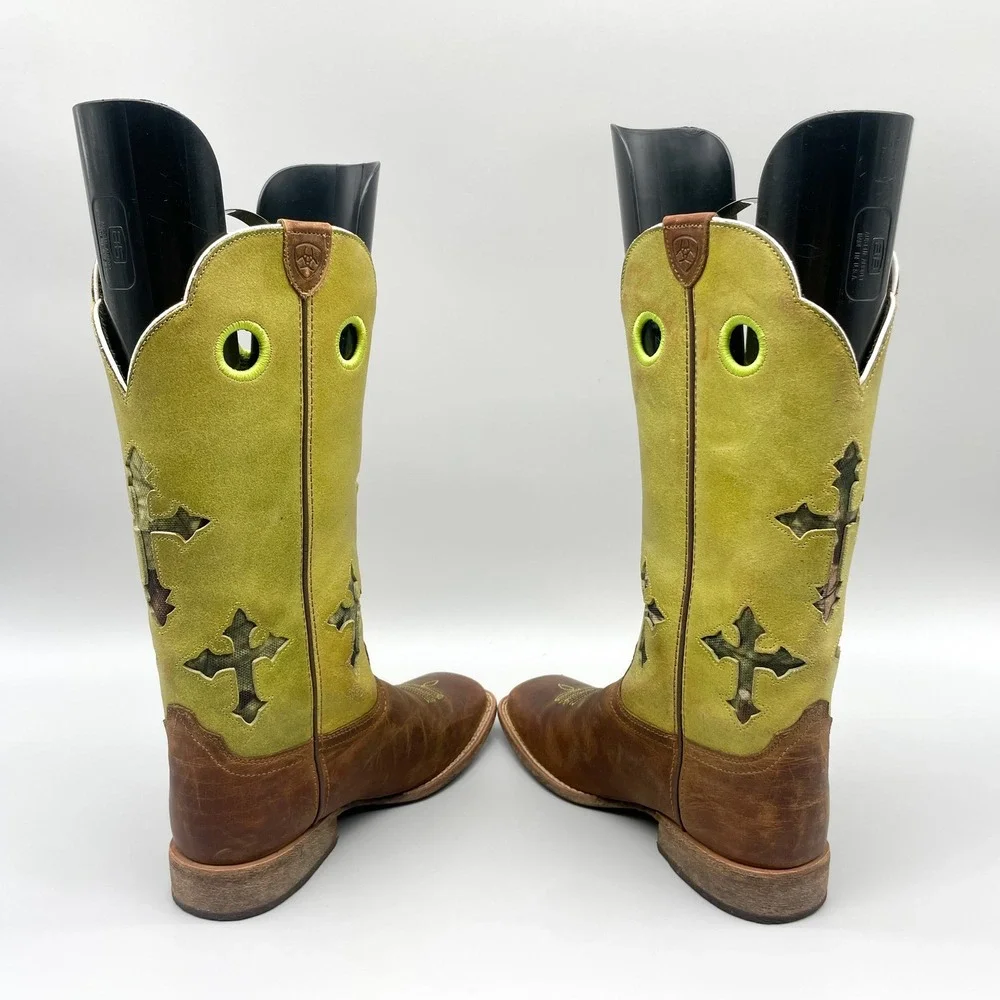 Ariat Kids Size 2 Brown Leather Lime Green Suede Camo Cross Western Boots